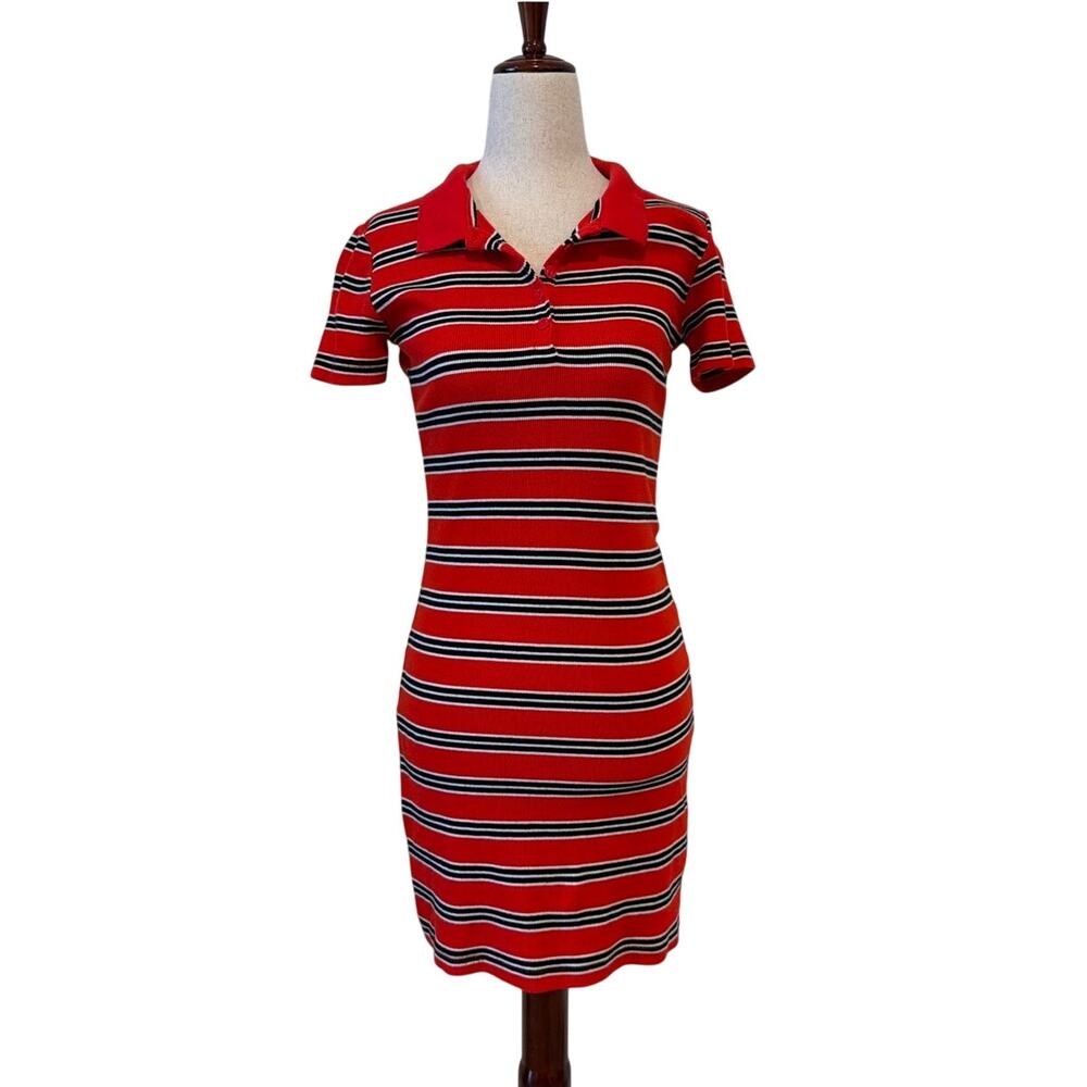 Zara Striped Ribbed Polo Mini Dress, Women’s Medium, Red Black White